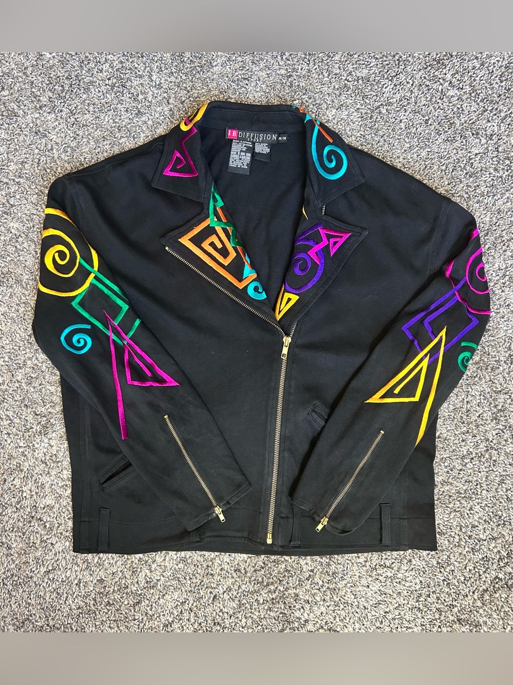 Vintage I.B. Diffusion Sport Black w/Multi-Color Geometric Embroidery size M